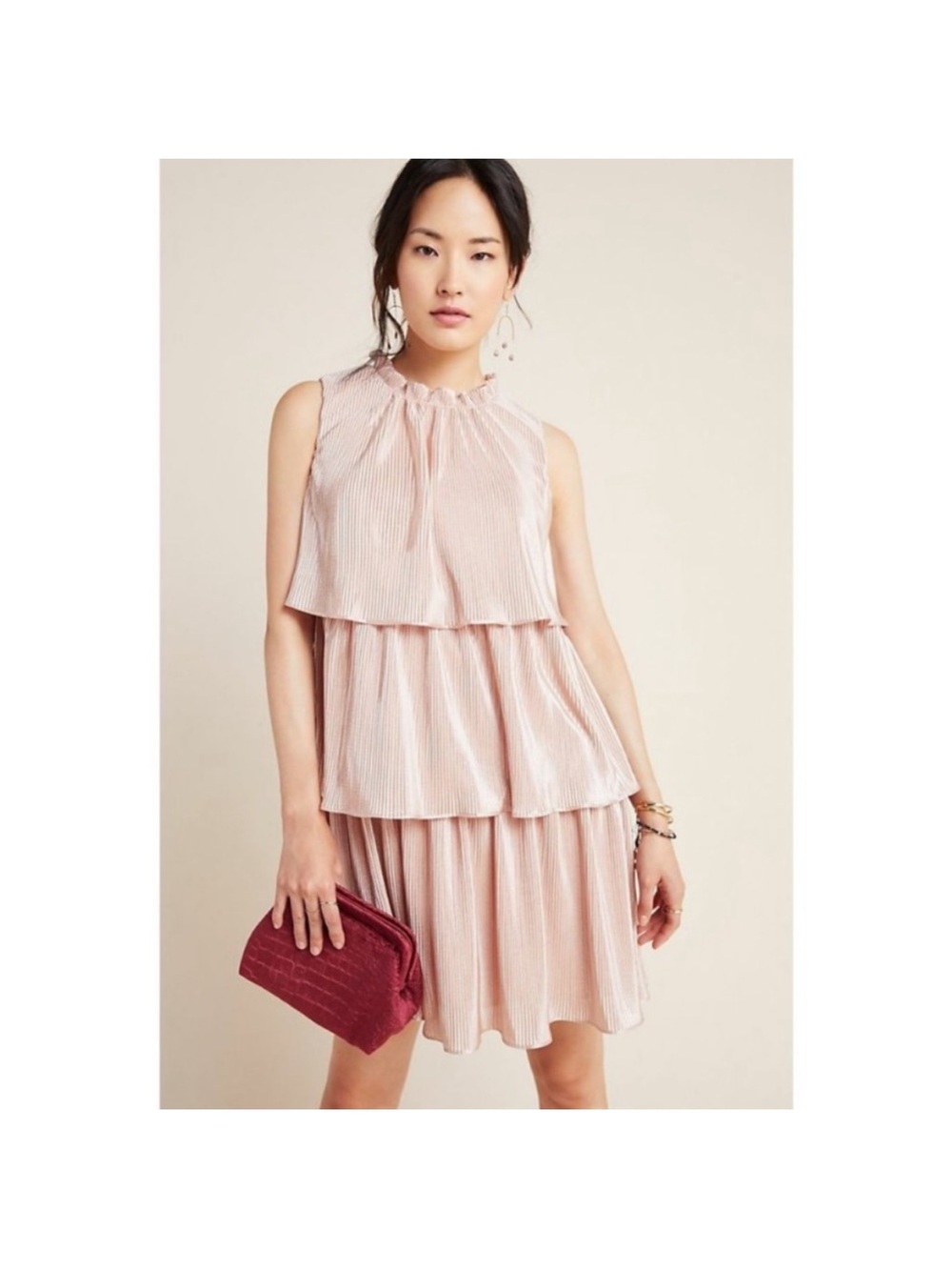Anthropologie Ro + De Estelle Tiered Dress XS Pink Champagne Ruffle Neck $150